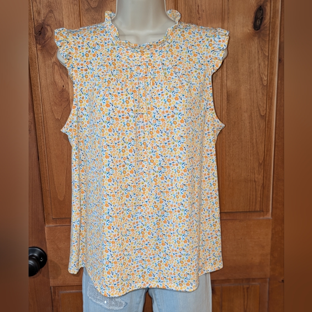 Adrianna Papell Floral Ruffle Blouse -‎ Yellow and Blue